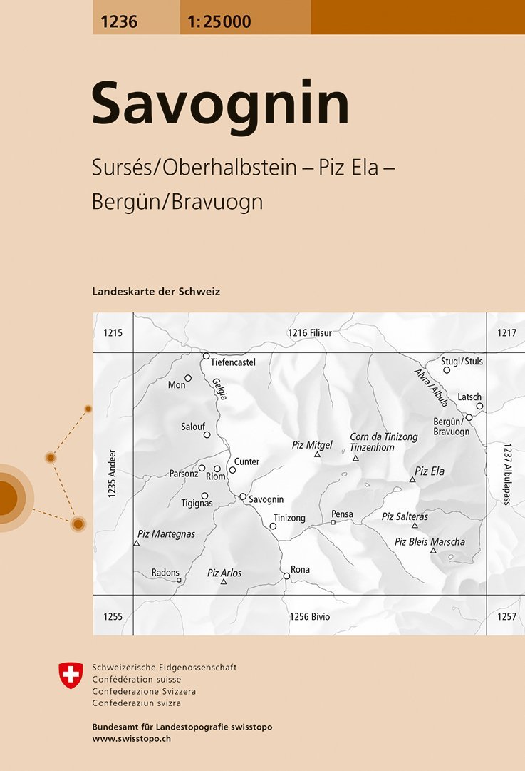 Carte de randonnée n° 1236 - Savognin (Suisse) | Swisstopo - 1/25 000 carte pliée Swisstopo 