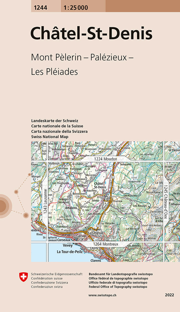 Carte de randonnée n° 1244 - Châtel-St-Denis (Suisse) | Swisstopo - 1/25 000 carte pliée Swisstopo 
