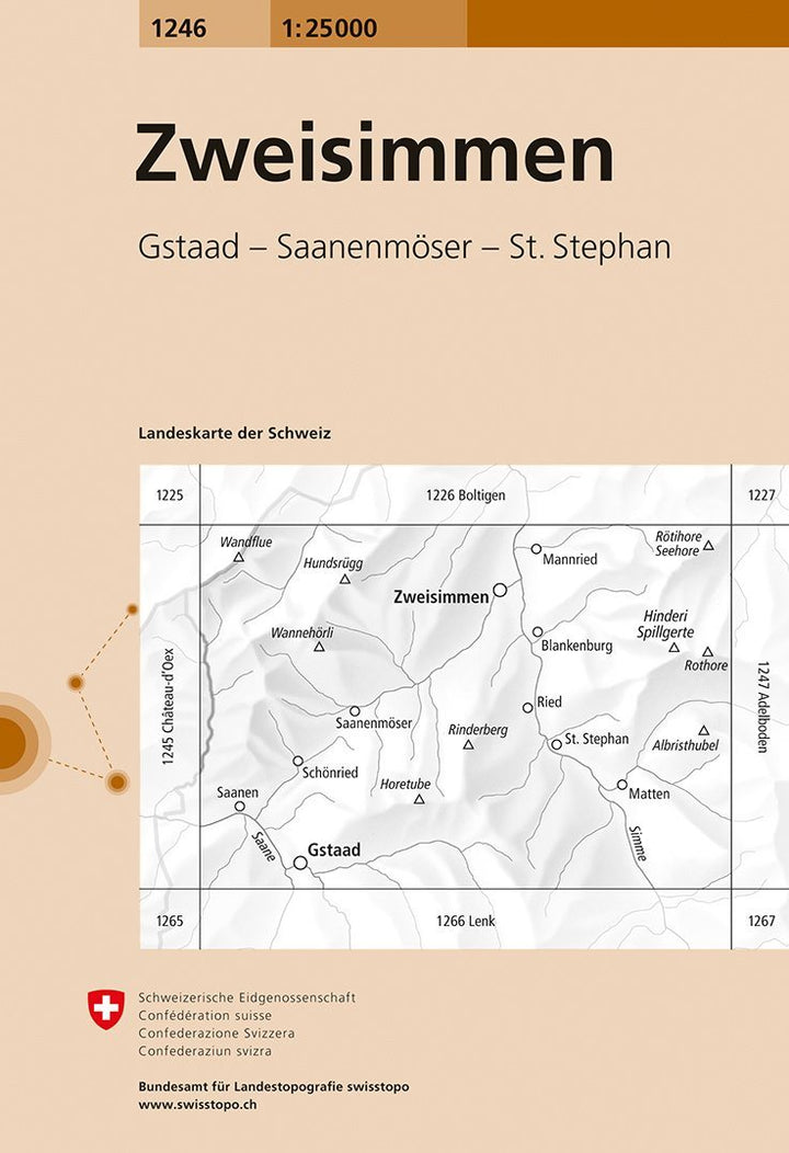 Carte de randonnée n° 1246 - Zweisimmen (Suisse) | Swisstopo - 1/25 000 carte pliée Swisstopo 