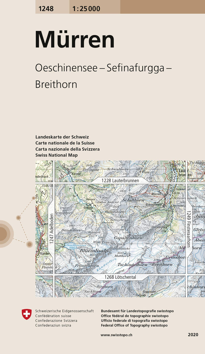 Carte de randonnée n° 1248 - Mürren (Suisse) | Swisstopo - 1/25 000 carte pliée Swisstopo 