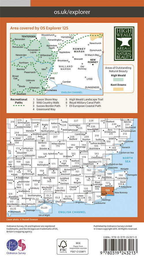 Carte de randonnée n° 125 - Romney Marsh, Rye, Winchelsea (Grande Bretagne) | Ordnance Survey - Explorer carte pliée Ordnance Survey Papier 