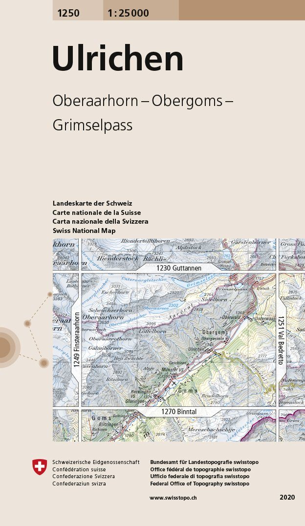 Carte de randonnée n° 1250 - Ulrichen (Suisse) | Swisstopo - 1/25 000 carte pliée Swisstopo 