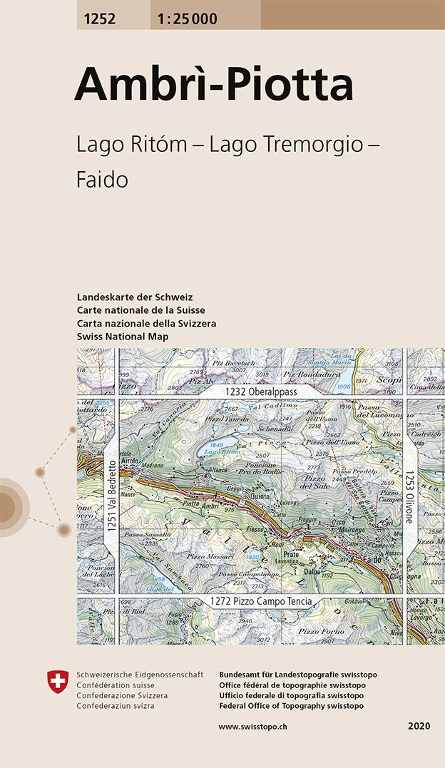Carte de randonnée n° 1252 - Ambri-Piotta (Suisse) | Swisstopo - 1/25 000 carte pliée Swisstopo 