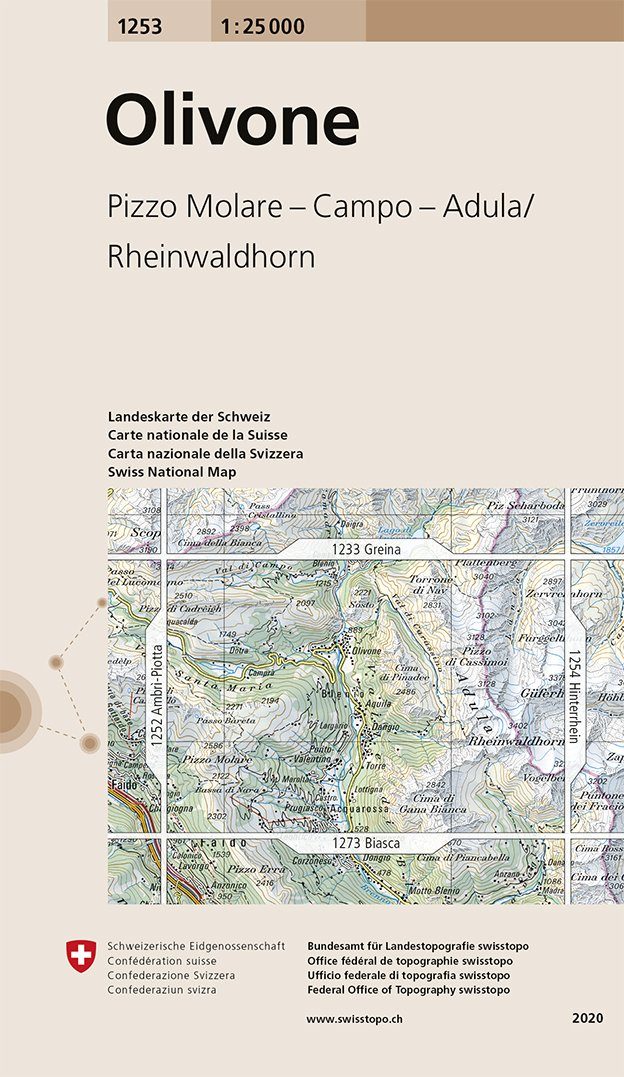 Carte de randonnée n° 1253 - Olivone (Suisse) | Swisstopo - 1/25 000 carte pliée Swisstopo 