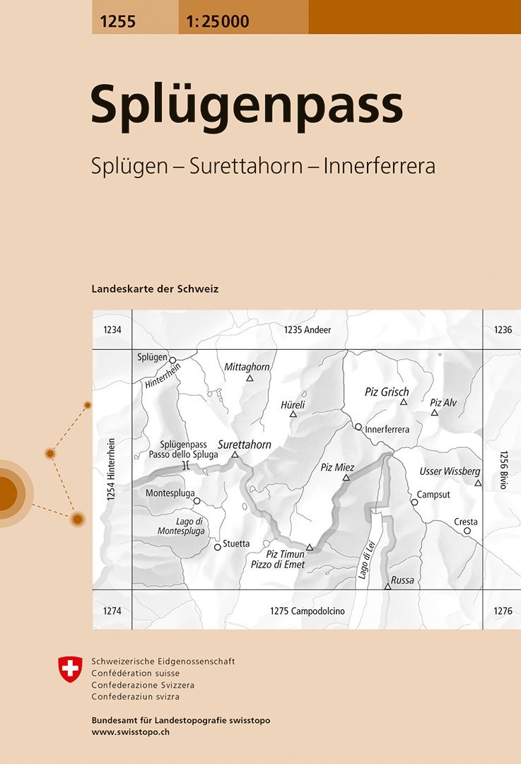 Carte de randonnée n° 1255 - Splügenpass (Suisse) | Swisstopo - 1/25 000 carte pliée Swisstopo 
