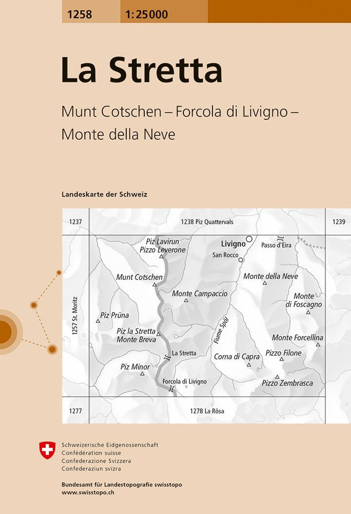 Carte de randonnée n° 1258 - La Stretta (Suisse) | Swisstopo - 1/25 000 carte pliée Swisstopo 