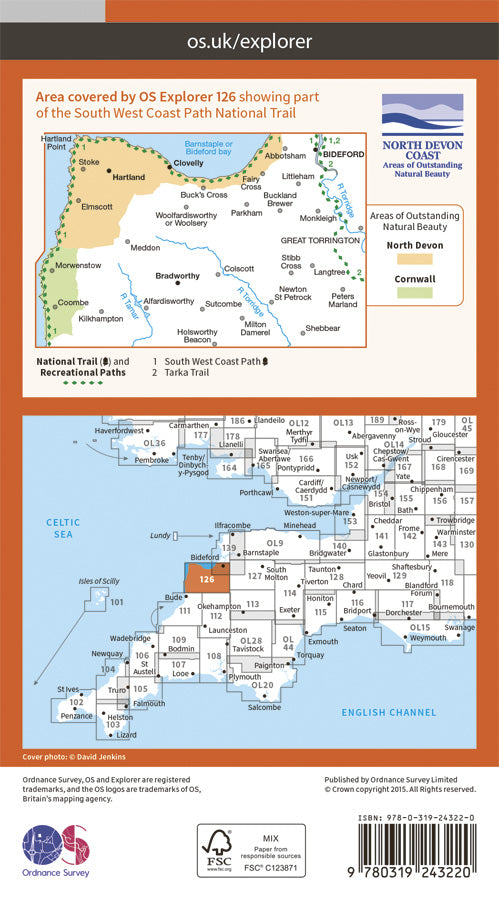 Carte de randonnée n° 126 - Clovelly, Hartland (Grande Bretagne) | Ordnance Survey - Explorer carte pliée Ordnance Survey Papier 