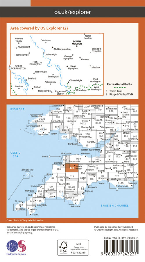Carte de randonnée n° 127 - South Molton, Chulmleigh (Grande Bretagne) | Ordnance Survey - Explorer carte pliée Ordnance Survey Papier 