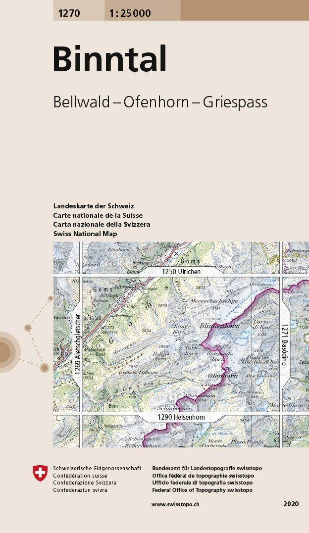 Carte de randonnée n° 1270 - Binntal (Suisse) | Swisstopo - 1/25 000 carte pliée Swisstopo 