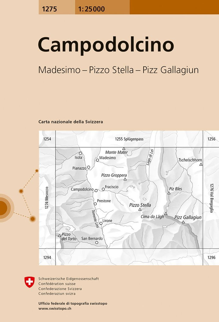 Carte de randonnée n° 1275 - Campodolcino (Suisse) | Swisstopo - 1/25 000 carte pliée Swisstopo 