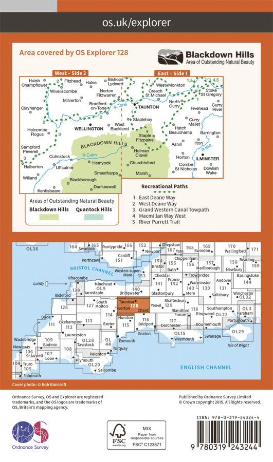 Carte de randonnée n° 128 - Taunton, Blackdown Hills (Grande Bretagne) | Ordnance Survey - Explorer carte pliée Ordnance Survey Papier 