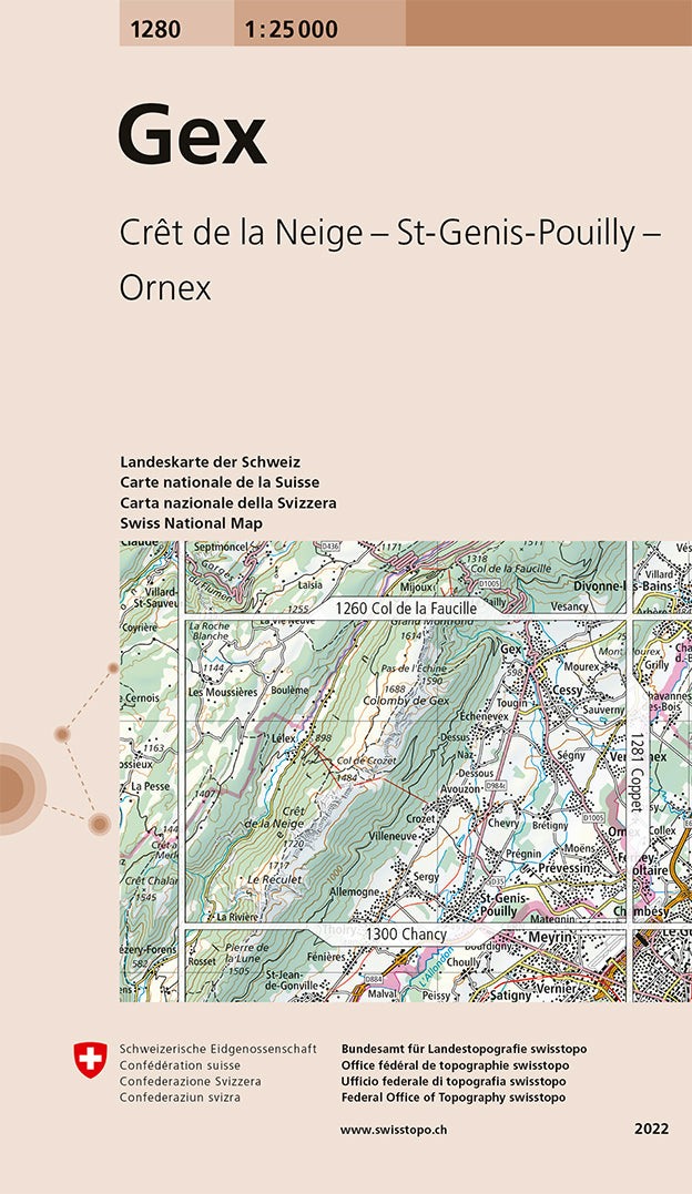 Carte de randonnée n° 1280 - Gex (Suisse) | Swisstopo - 1/25 000 carte pliée Swisstopo 