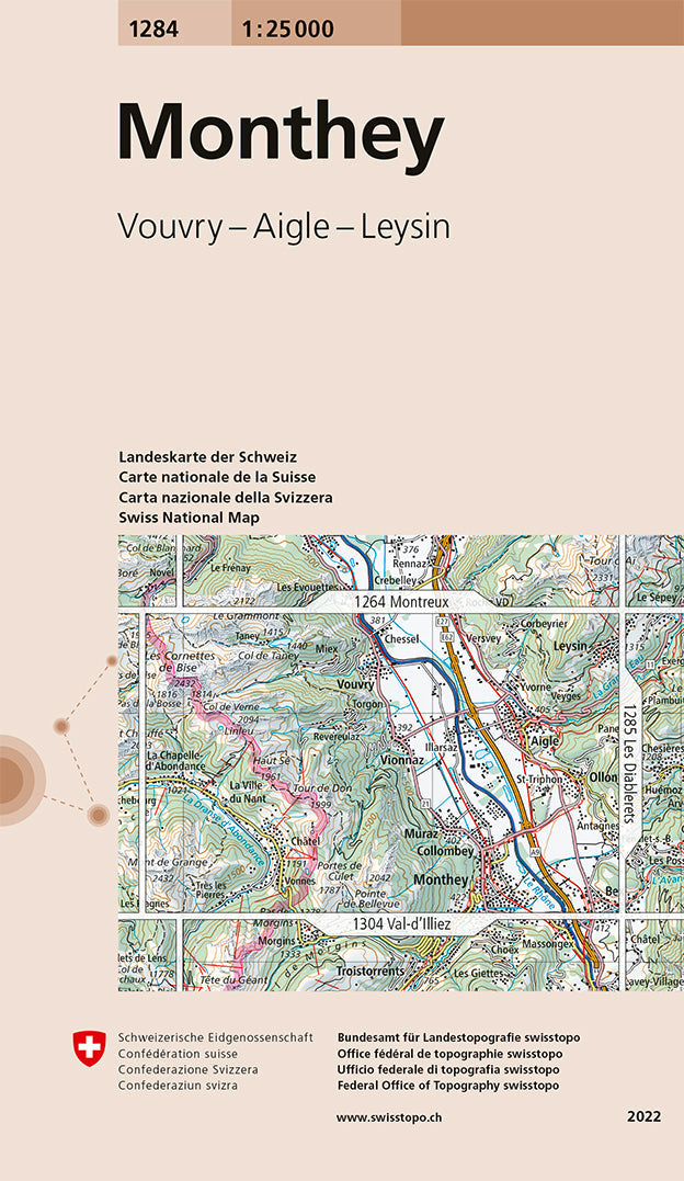 Carte de randonnée n° 1284 - Monthey (Suisse) | Swisstopo - 1/25 000 carte pliée Swisstopo 
