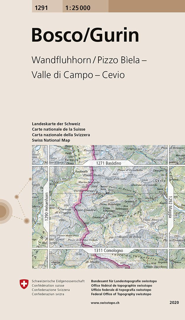 Carte de randonnée n° 1291 - Bosco, Gurin (Suisse) | Swisstopo - 1/25 000 carte pliée Swisstopo 