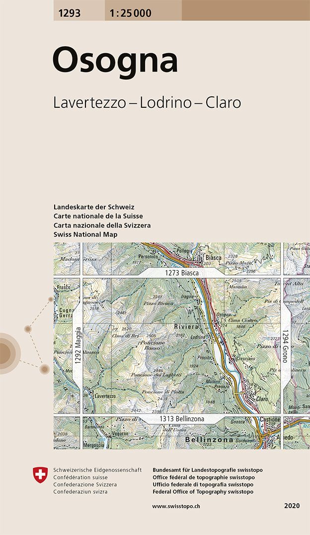 Carte de randonnée n° 1293 - Osogna (Suisse) | Swisstopo - 1/25 000 carte pliée Swisstopo 