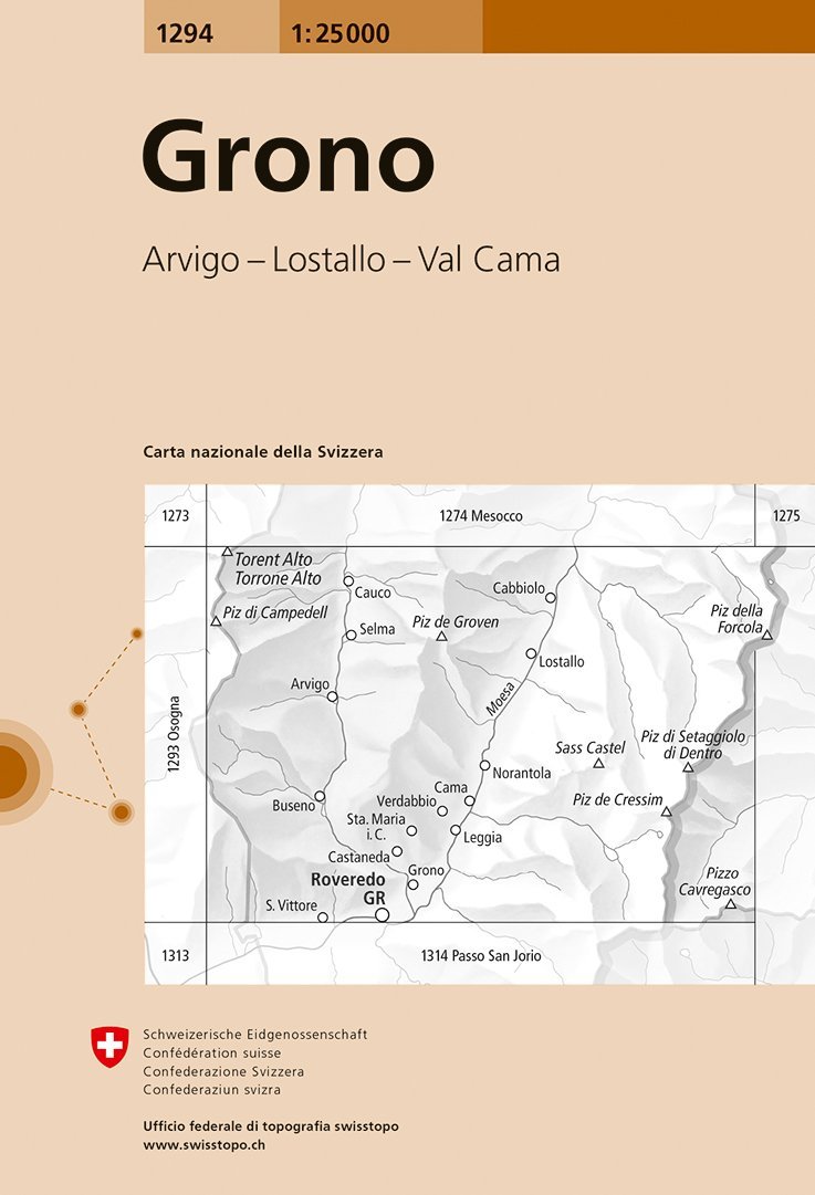 Carte de randonnée n° 1294 - Grono (Suisse) | Swisstopo - 1/25 000 carte pliée Swisstopo 