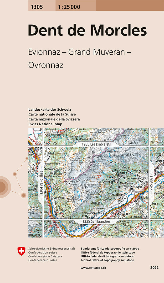 Carte de randonnée n° 1305 - Dent de Morcles (Suisse) | Swisstopo - 1/25 000 carte pliée Swisstopo 