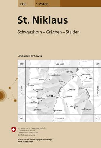 Carte de randonnée n° 1308 - St-Niklaus (Suisse) | Swisstopo - 1/25 000 carte pliée Swisstopo 