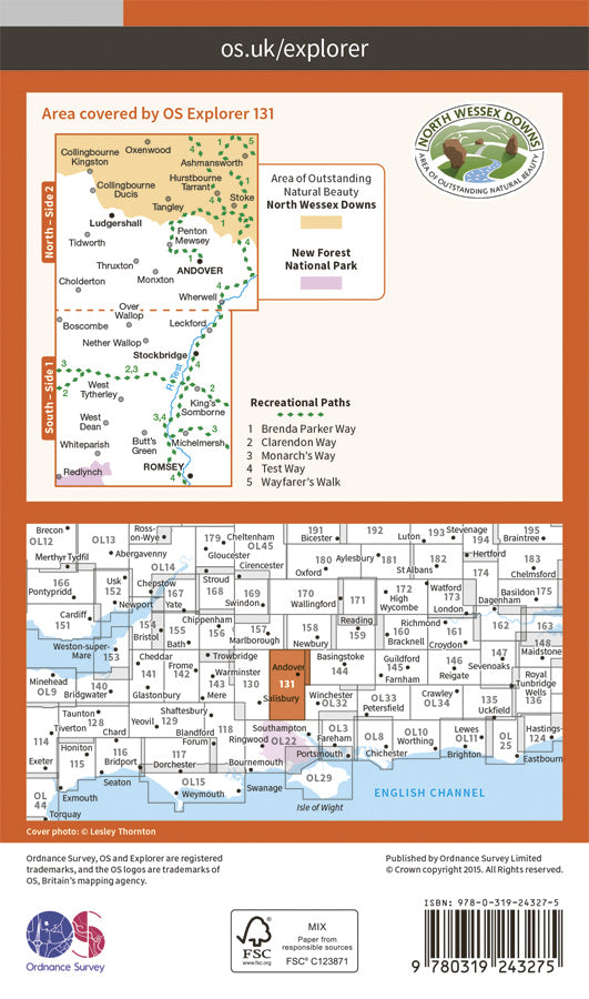 Carte de randonnée n° 131 - Romsey, Andover, Test Valley (Grande Bretagne) | Ordnance Survey - Explorer carte pliée Ordnance Survey Papier 