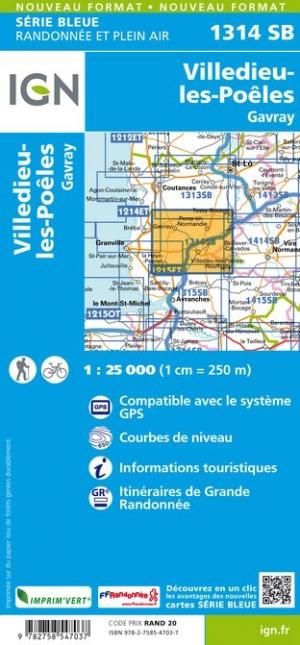 Carte de randonnée n° 1314 - Villedieu-les-Poëlles, Gavray | IGN - Série Bleue carte pliée IGN 