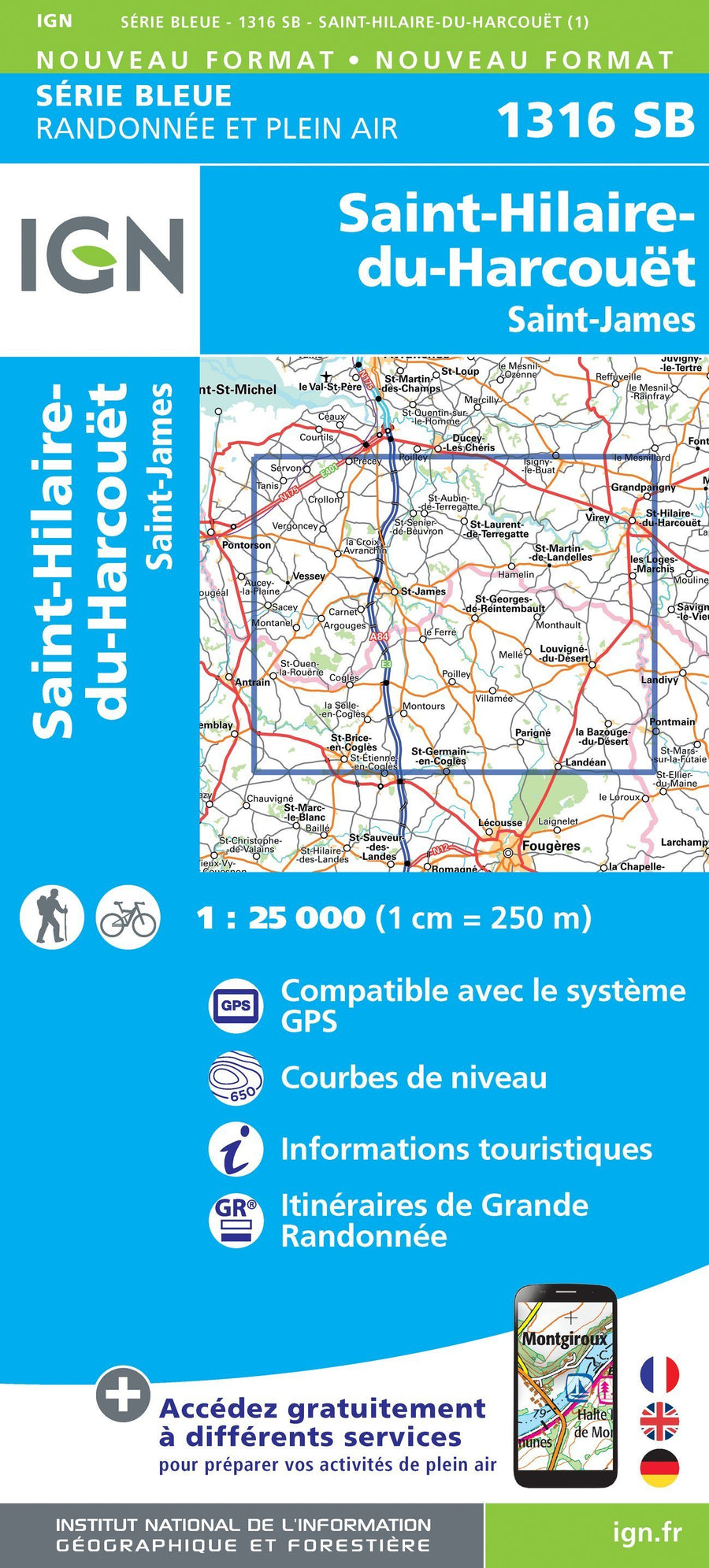 Carte de randonnée n° 1316 - Saint-Hilaire-du-Harcouët, St-James | IGN - Série Bleue carte pliée IGN 