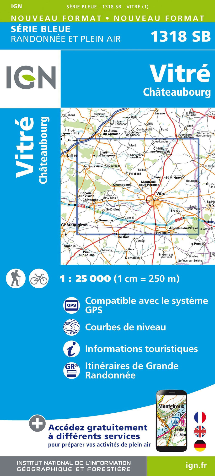 Carte de randonnée n° 1318 - Vitré, Châteaubourg | IGN - Série Bleue carte pliée IGN 