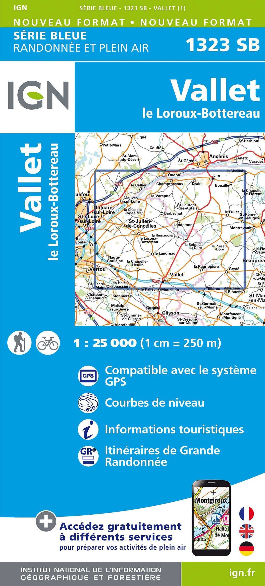 Carte de randonnée n° 1323 - Vallet, Le Loroux-Bottereau | IGN - Série Bleue carte pliée IGN 