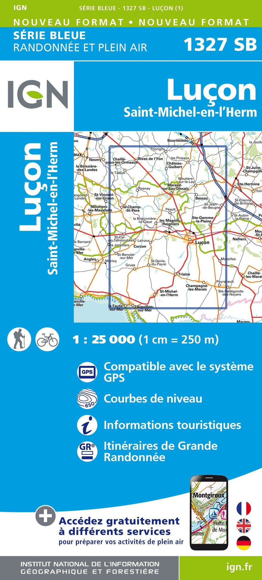 Carte de randonnée n° 1327 - Luçon, St-Michel-en-l'Herm | IGN - Série Bleue carte pliée IGN 