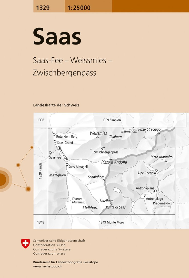 Carte de randonnée n° 1329 - Saas (Suisse) | Swisstopo - 1/25 000 carte pliée Swisstopo 