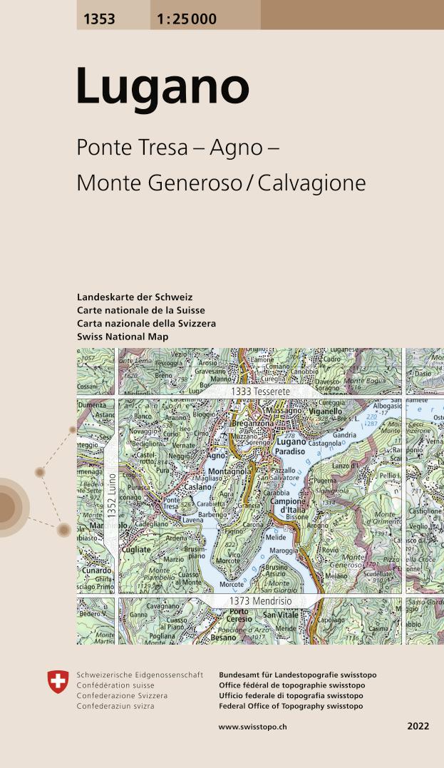 Carte de randonnée n° 1353 - Lugano (Suisse) | Swisstopo - 1/25 000 carte pliée Swisstopo 