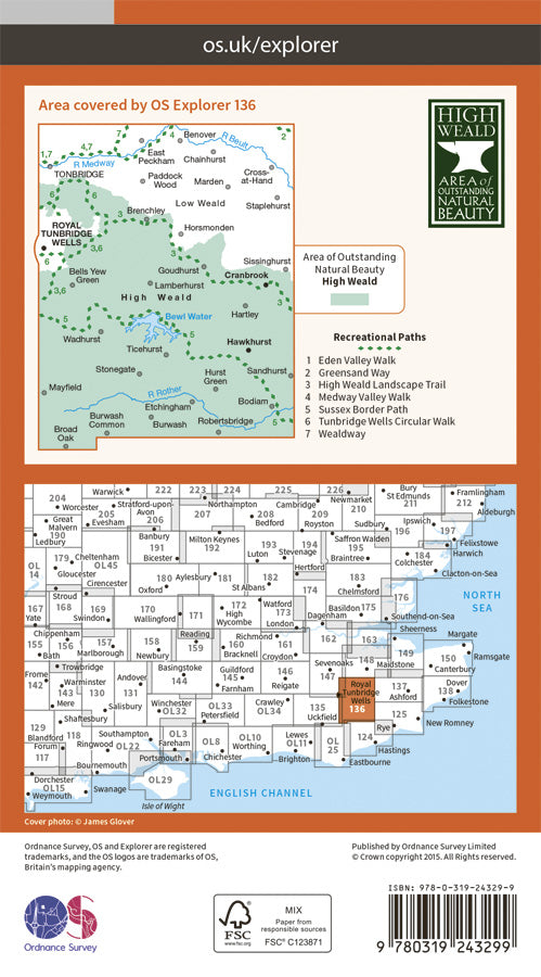 Carte de randonnée n° 136 - High Weald, Royal Tunbridge Wells (Grande Bretagne) | Ordnance Survey - Explorer carte pliée Ordnance Survey Papier 