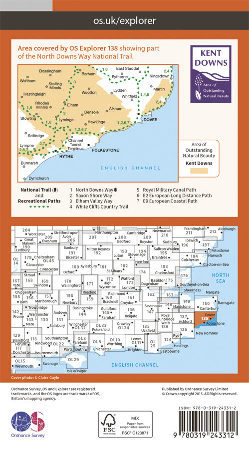Carte de randonnée n° 138 - Dover, Folkstone, Hythe (Grande Bretagne) | Ordnance Survey - Explorer carte pliée Ordnance Survey Papier 