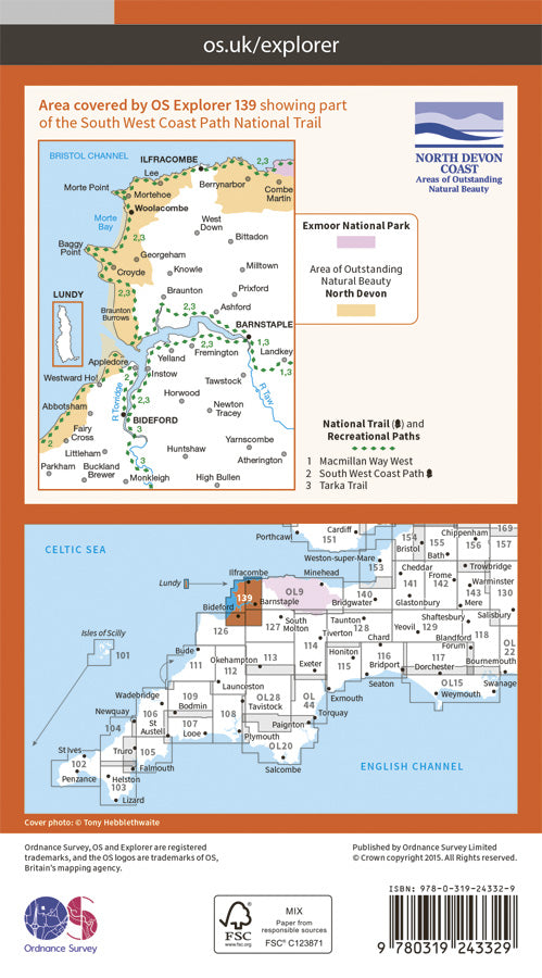 Carte de randonnée n° 139 - Bideford, Ilfracombe, Barnstaple (Grande Bretagne) | Ordnance Survey - Explorer carte pliée Ordnance Survey Papier 