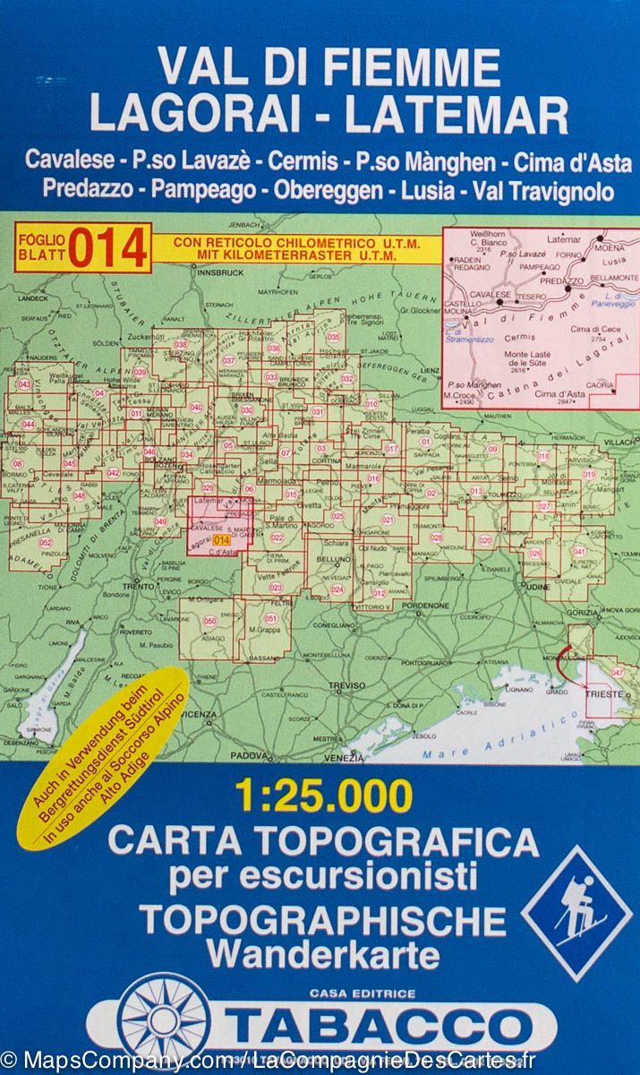 Carte de randonnée n° 14 - Vallée de Fiemme et chaînes de Lagorai et de Latemar (Dolomites, Italie) | Tabacco carte pliée Tabacco 