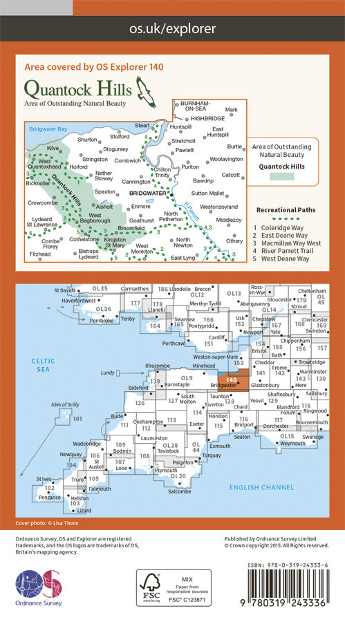 Carte de randonnée n° 140 - Quantock Hills, Bridgewater (Grande Bretagne) | Ordnance Survey - Explorer carte pliée Ordnance Survey Papier 