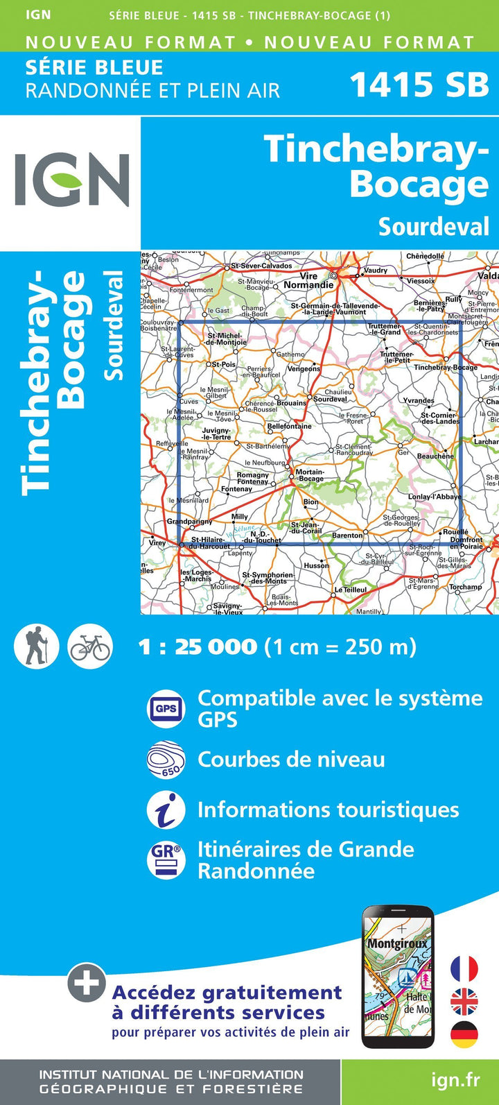 Carte de randonnée n° 1415 - Tinchebray-Bocage, Sourdeval | IGN - Série Bleue carte pliée IGN 