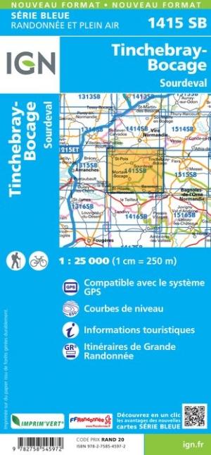 Carte de randonnée n° 1415 - Tinchebray-Bocage, Sourdeval | IGN - Série Bleue carte pliée IGN 