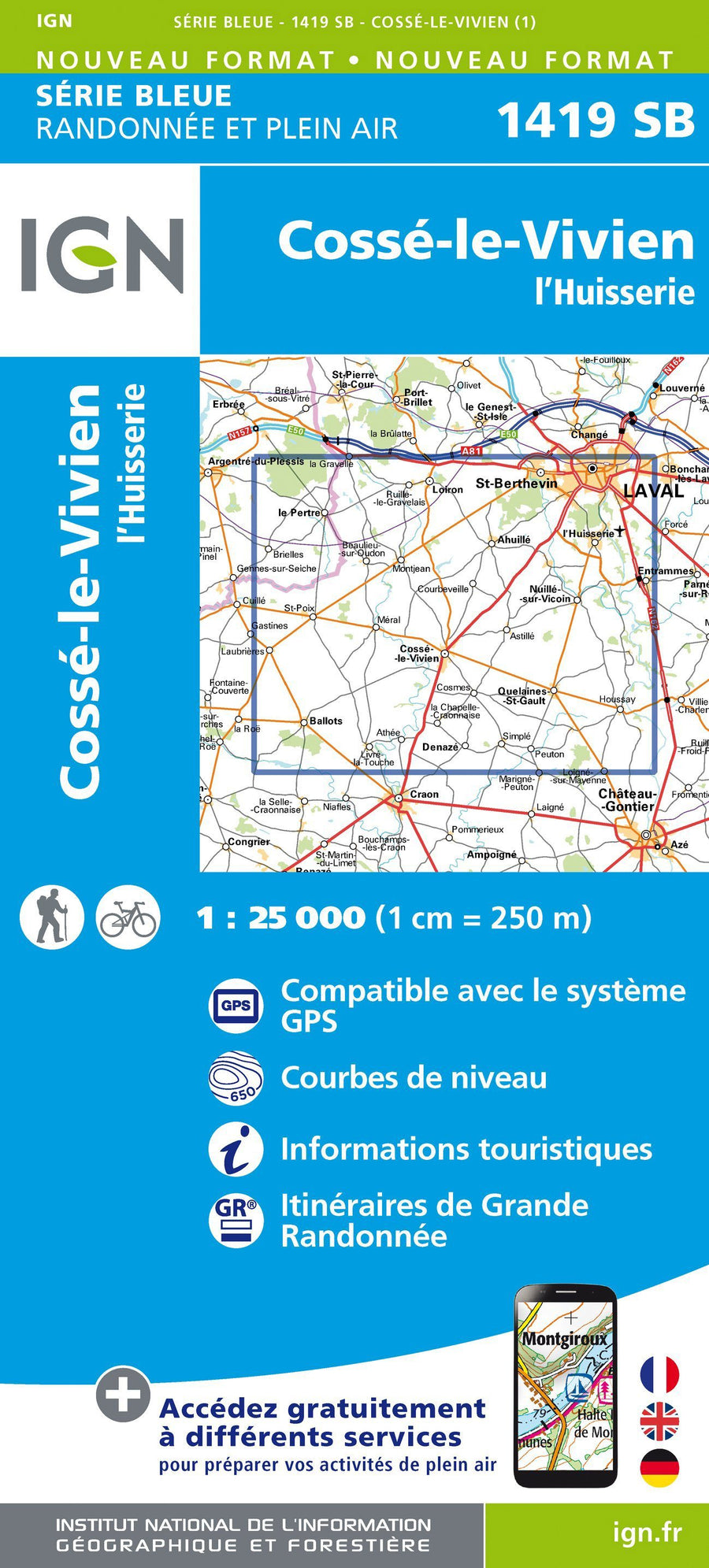 Carte de randonnée n° 1419 - Cossé-le-Vivien, L'Huisserie | IGN - Série Bleue carte pliée IGN 