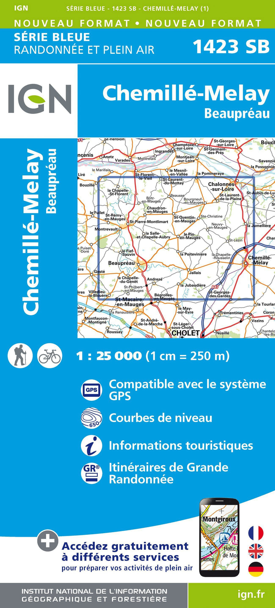 Carte de randonnée n° 1423 - Chemillé-Melay, Beaupréau | IGN - Série Bleue carte pliée IGN 