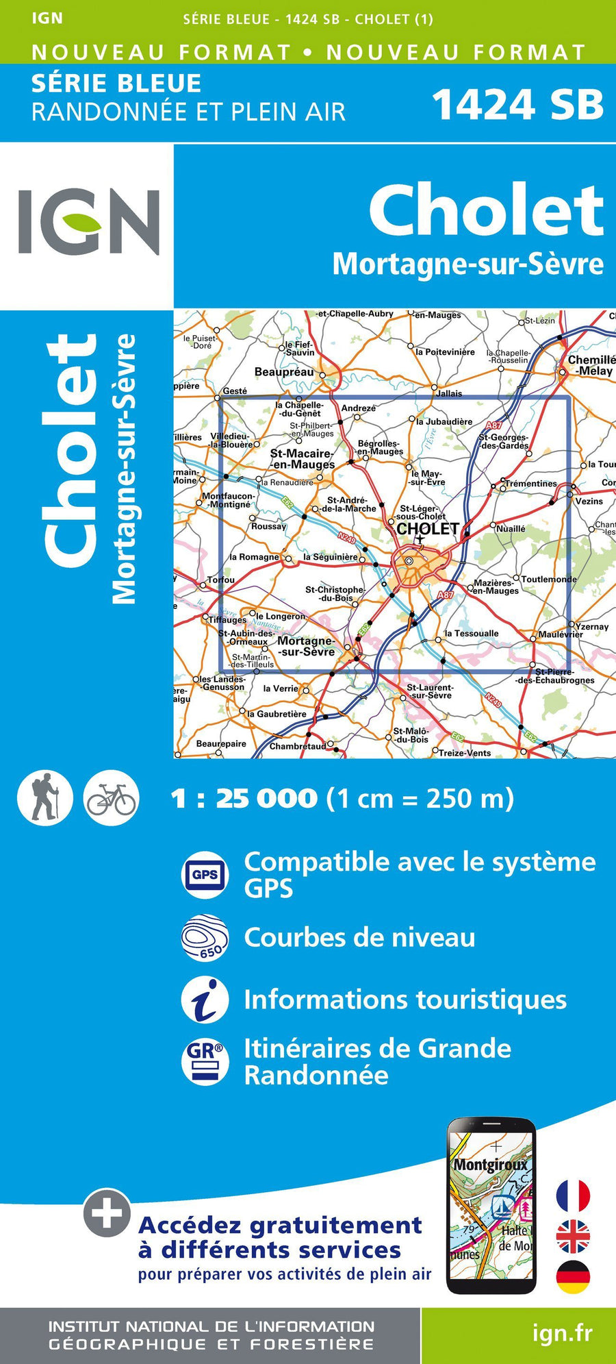 Carte de randonnée n° 1424 - Cholet, Mortagne-sur-Sèvre | IGN - Série Bleue carte pliée IGN 