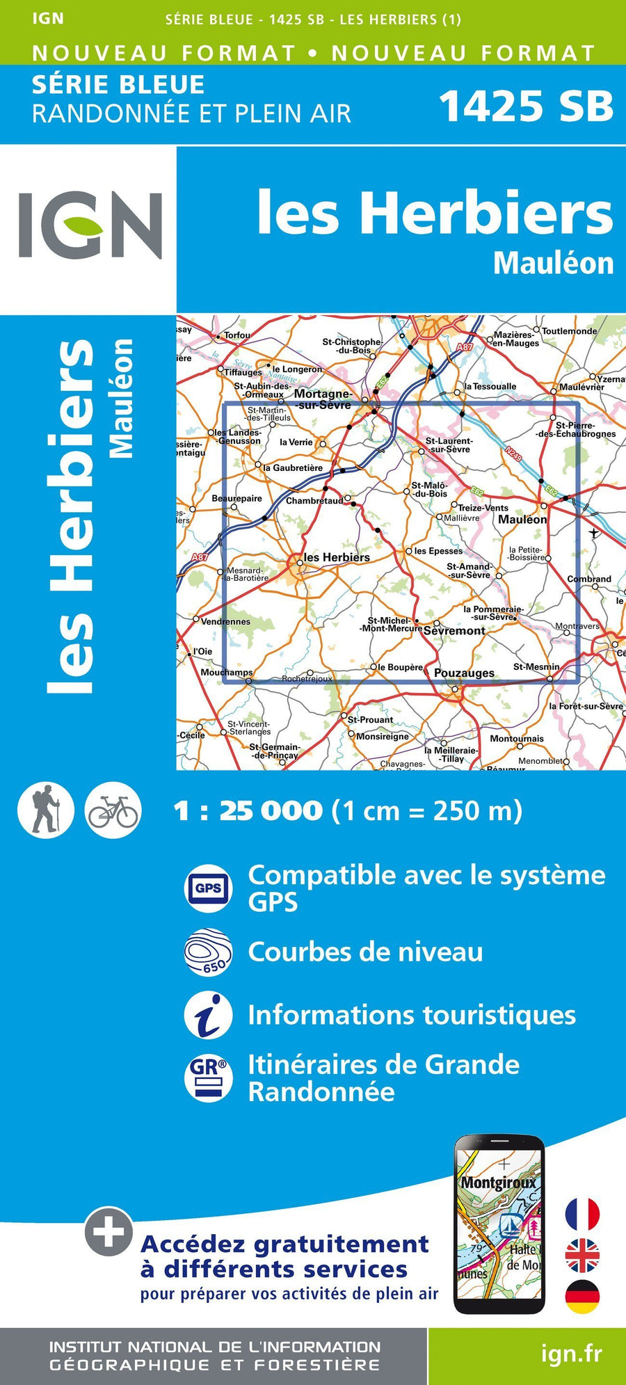 Carte de randonnée n° 1425 - Les Herbiers, Mauléon | IGN - Série Bleue carte pliée IGN 