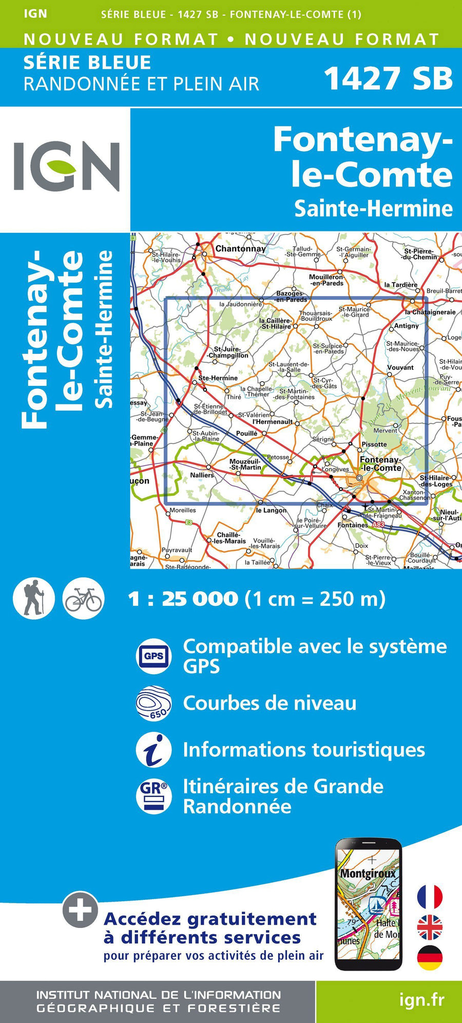 Carte de randonnée n° 1427 - Fontenay-le-Comte, Ste-Hermine | IGN - Série Bleue carte pliée IGN 