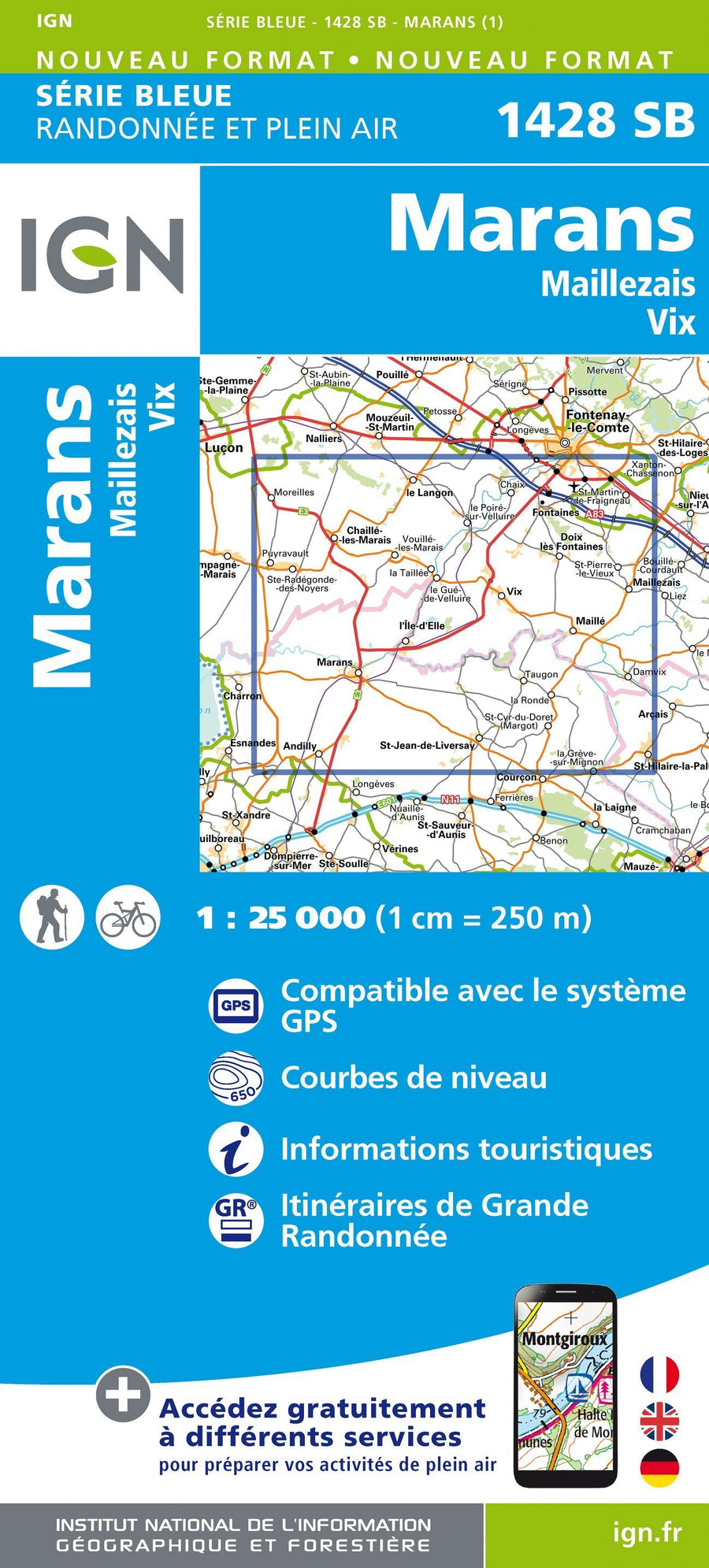 Carte de randonnée n° 1428 - Marans, Maillezais, Vix | IGN - Série Bleue carte pliée IGN 