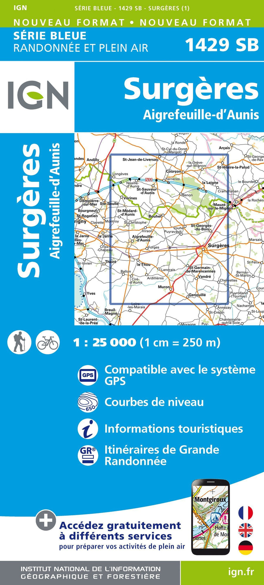 Carte de randonnée n° 1429 - Surgères, Aigrefeuille-d'Aunis | IGN - Série Bleue carte pliée IGN 