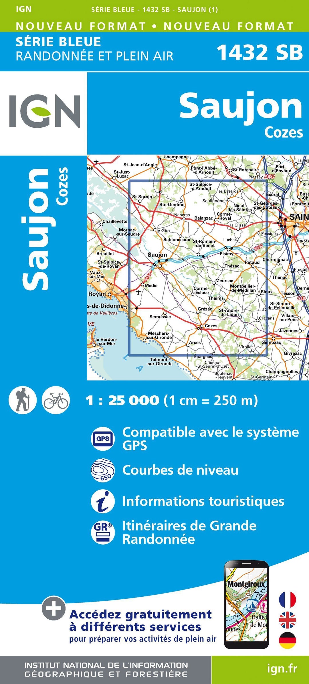 Carte de randonnée n° 1432 - Saujon - Cozes | IGN - Série Bleue carte pliée IGN 