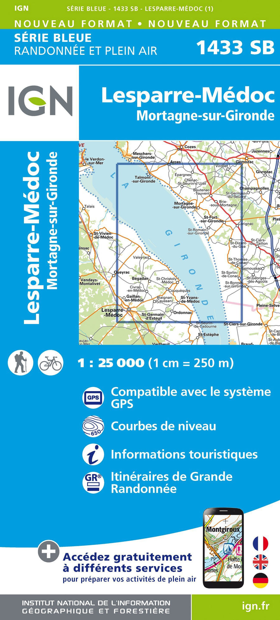 Carte de randonnée n° 1433 - Lesparre-Medoc, Mortagne-sur-Gironde | IGN - Série Bleue carte pliée IGN 