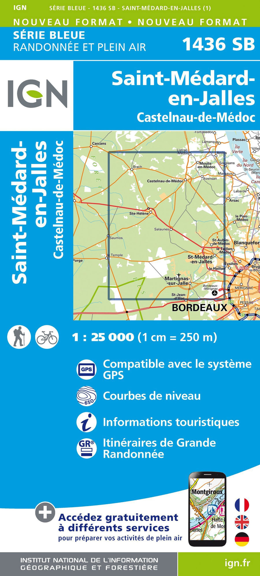 Carte de randonnée n° 1436 - St-Medard-en-Jalles, Castelnau-de-Médoc | IGN - Série Bleue carte pliée IGN 