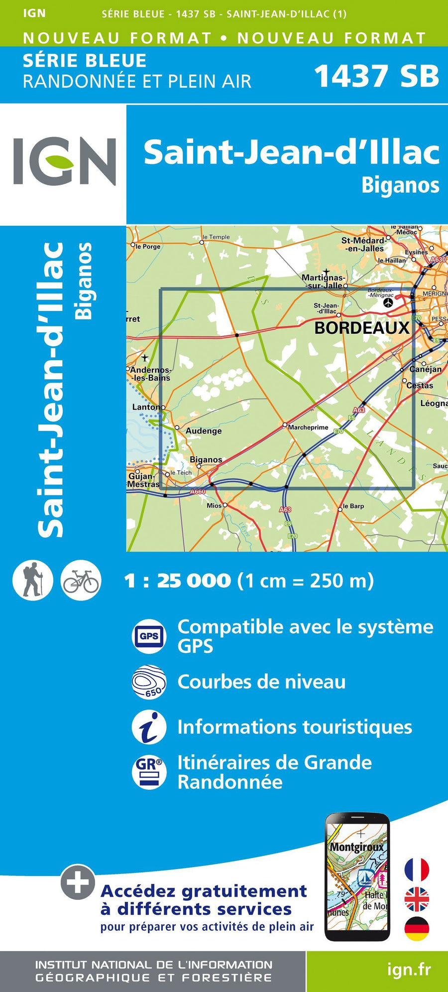 Carte de randonnée n° 1437 - St-Jean-d'Illac, Biganos | IGN - Série Bleue carte pliée IGN 
