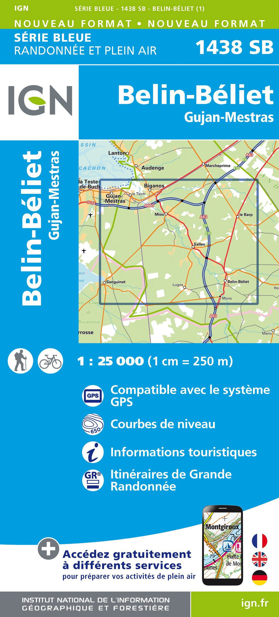 Carte de randonnée n° 1438 - Belin-Béliet, Gujan-Mestras | IGN - Série Bleue carte pliée IGN 