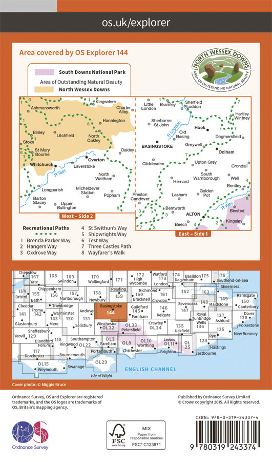 Carte de randonnée n° 144 - Basingstoke, Alton, Whitchurch (Grande Bretagne) | Ordnance Survey - Explorer carte pliée Ordnance Survey Papier 